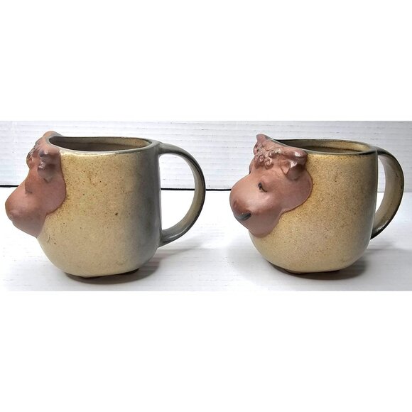 VTG UCTCI Japan Stoneware Pottery Mugs With 3D Cow Set Of 2 Anthropomorphic - Picture 2 of 11